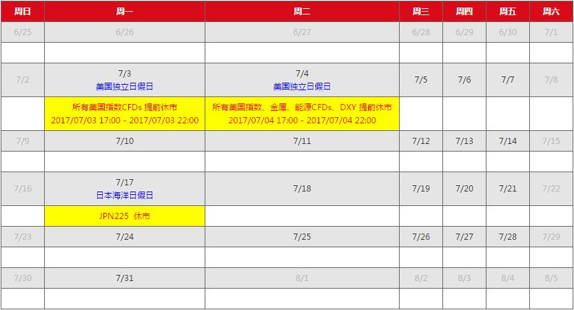 AETOS艾拓思市场假期时间表2017年7月